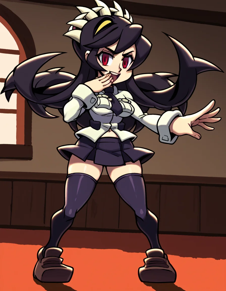 score_9, score_8_up, score_7_up, source_anime, <lora:skullgirls-filia-ingame-ponyxl-lora-nochekaiser:1>, filia, long hair, black hair, red eyes, prehensile hair, extra mouth, skirt, thighhighs, navel, school uniform, necktie, black thighhighs, miniskirt, zettai ryouiki,, house, home, family, rooms, yard, , <lora:ojou-sama-pose-ponyxl-lora-nochekaiser:1>, ojou-sama pose, laughing, smug, hand to own mouth, open mouth,, looking at viewer, solo,, dutch angle, cowboy shot