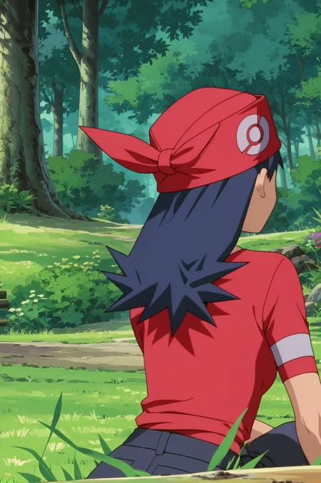 score_9, score_8_up, score_7_up, 1girl, solo, source_anime, anime_screencap, pkmLisa, red bandana, brown eyes, red shirt, <lora:pkmLisa:1> sitting, in a forest, grassy ground, from behind,