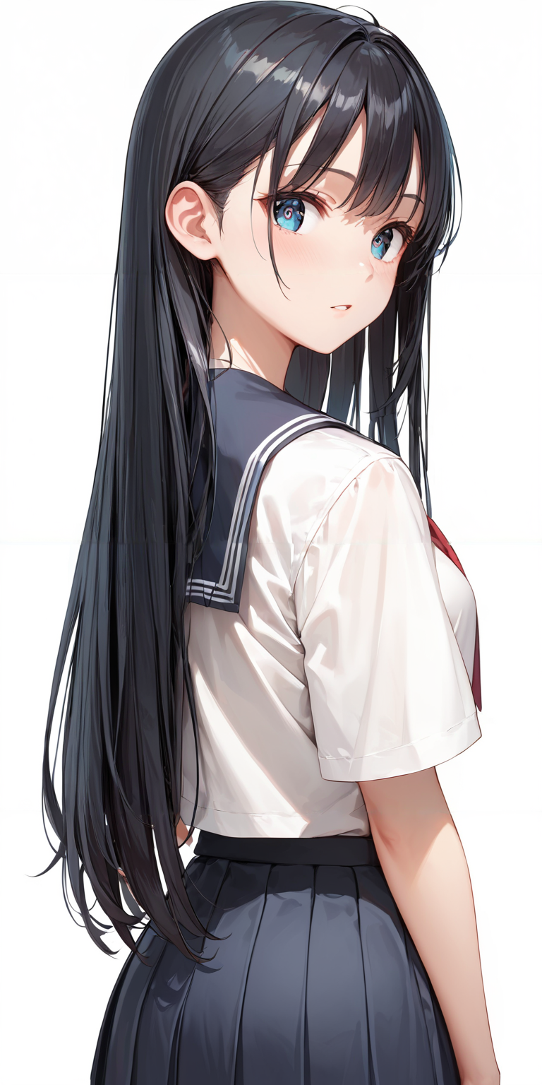score_9, score_8_up, score_7_up,source_anime, high res image,masterpiece,best quality,girl,cute face,clear skin,shiny hair,ultra detailed eyes,simple background, <lora:straight hair_pony_V1.0:1> straight hair,very  long hair, black hair,from behind,school uniform,