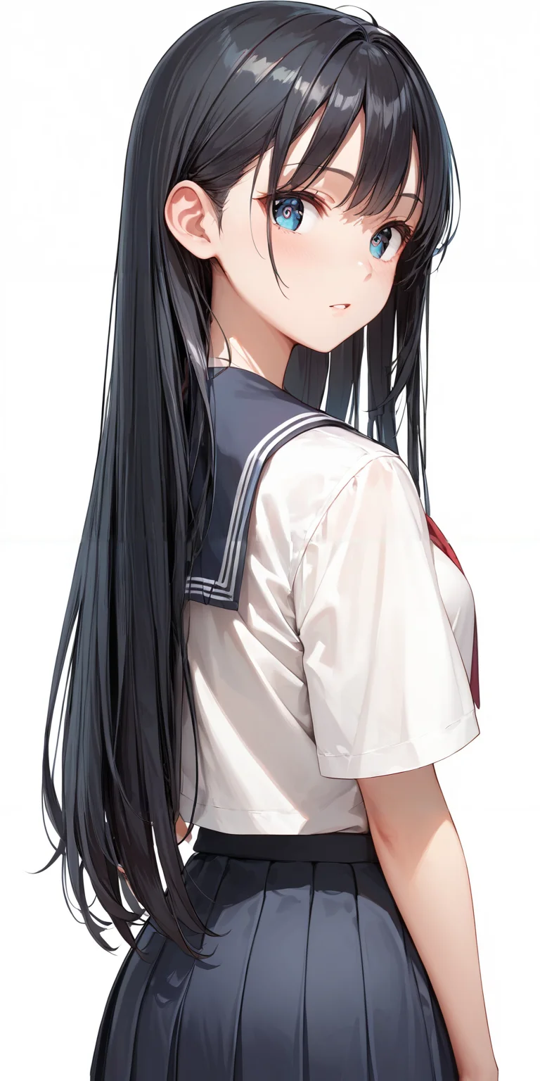 score_9, score_8_up, score_7_up,source_anime, high res image,masterpiece,best quality,girl,cute face,clear skin,shiny hair,ultra detailed eyes,simple background, <lora:straight hair_pony_V1.0:1> straight hair,very long hair, black hair,from behind,school uniform,