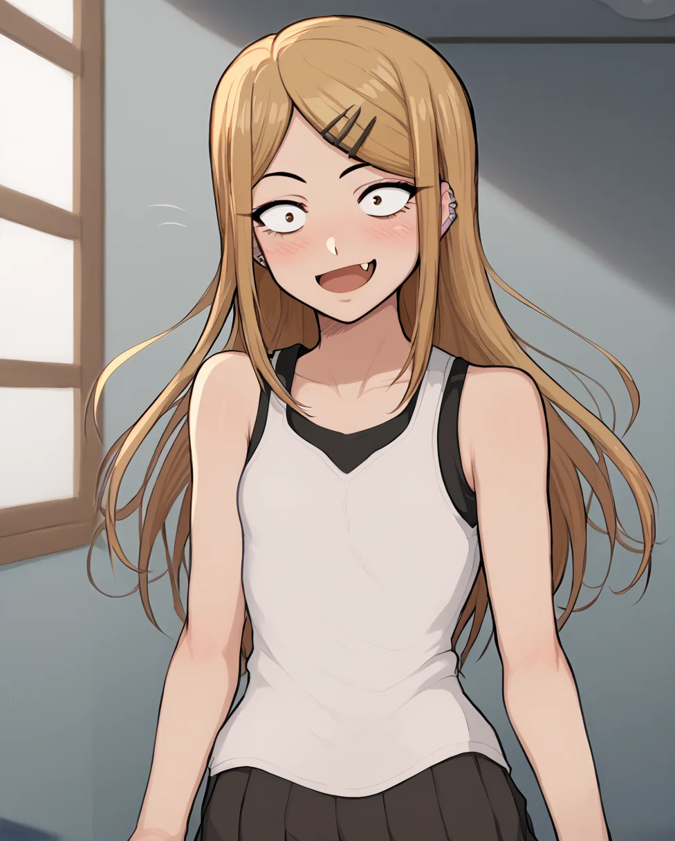 score_9, score_8_up, score_7, 1girl, solo, indoors, endou_saya, sanpaku, brown eyes, blonde hair, long hair, hairclip, white shirt, tank top, pleated skirt, <lora:endou_saya:1>, hair ornament, hairclip, long hair, ear piercing, jewelry, looking at viewer, blush, small breasts, open mouth, fang, collarbone, constricted pupils, bare shoulders, smile, standing, <lora:AfrobullLycoXL:1>