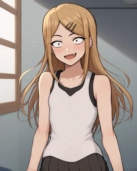 score_9, score_8_up, score_7, 1girl, solo, indoors, endou_saya, sanpaku, brown eyes, blonde hair, long hair, hairclip, white shirt, tank top, pleated skirt, <lora:endou_saya:1>, hair ornament, hairclip, long hair, ear piercing, jewelry, looking at viewer, blush, small breasts, open mouth, fang, collarbone, constricted pupils, bare shoulders, smile, standing,  <lora:AfrobullLycoXL:1>