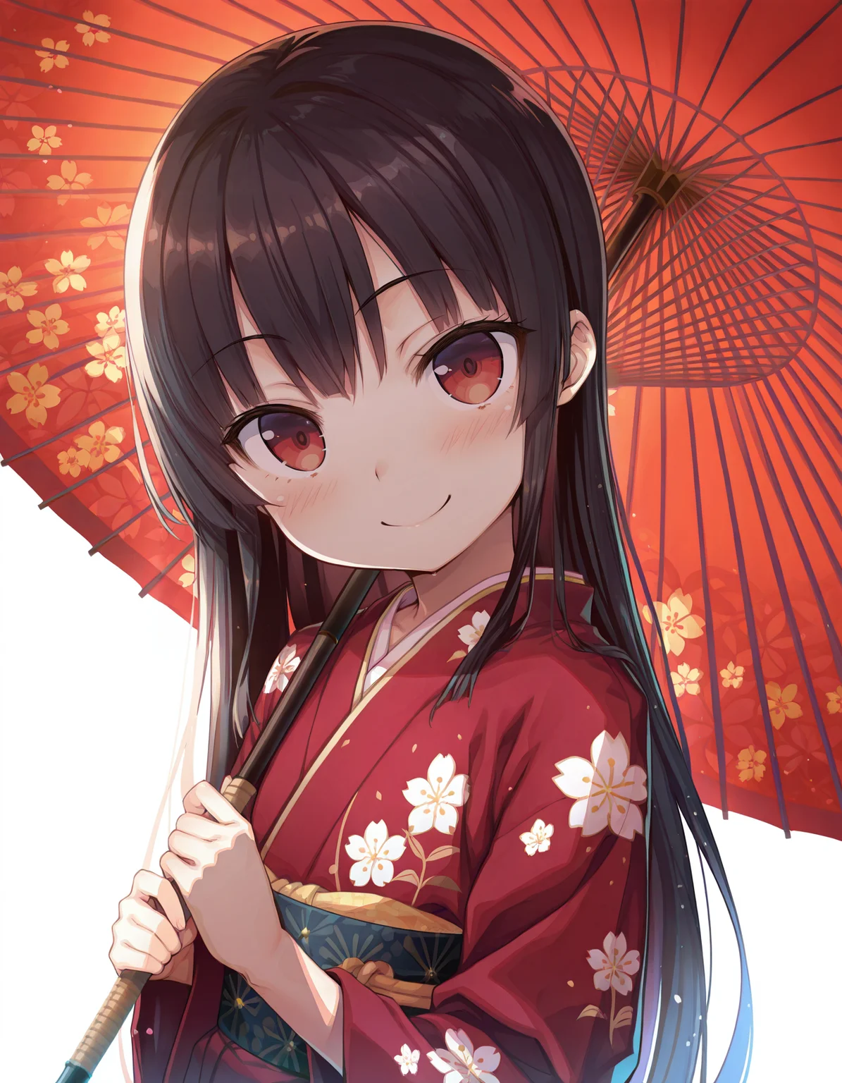 1girl,solo,hachiroku,black hair,straight_hair,red kimono,flower print,
smile,blush,
looking at viewer,holding umbrella,oil-paper umbrella,
upper_body,white background,simple background,masterpiece,best quality,high quality,very aesthetic,shiny skin,absurdres,<lora:Hachiroku_Maitetsu_for_Illustrious:1>,<lora:StS_Age_Slider_Illustrious_v1:-5>,<lora:illustrious_best_quality_v1:0.6>,Smooth Quality,