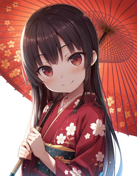 1girl,solo,hachiroku,black hair,straight_hair,red kimono,flower print,
smile,blush,
looking at viewer,holding umbrella,oil-paper umbrella,
upper_body,white background,simple background,masterpiece,best quality,high quality,very aesthetic,shiny skin,absurdres,<lora:Hachiroku_Maitetsu_for_Illustrious:1>,<lora:StS_Age_Slider_Illustrious_v1:-5>,<lora:illustrious_best_quality_v1:0.6>,Smooth Quality,