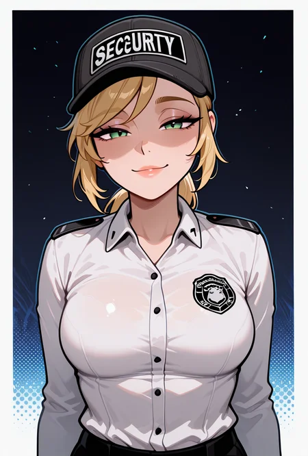 ,  <lora:vanessafnaf-09:1> vanessafnaf, 1girl, blonde hair, black baseball cap, solo, white shirt, ponytail, uniform, long hair, collared shirt, black pants, green eyes, long sleeves, lips, looking at viewer, smile, half closed eyes, masterpiece, best quality, amazing quality, very aesthetic, absurdres, newest,, upper body, halftone effect, white borders, abstract background:1.2,
