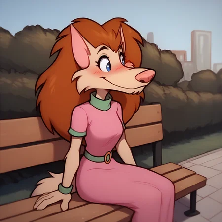 score_9, score_8_up, score_7_up, BREAK <lora:FluffyWerewolf:1.1> fluffywerewolf, furry female, long hair, pink dress, brown hair, blue eyes, smile, blush, park bench, sitting,
