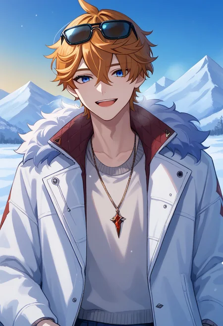 score_9, score_7_up, source_anime,
tartaglia, 1boy, male focus, solo, blue eyes, orange hair, short hair, hair between eyes, bangs, sunglasses, eyewear on head, winter clothes, jacket, white jacket, long sleeves, fur trim, open jacket, open clothes, shirt, gloves, jewelry, necklace, open mouth, smile, happy,
outdoor, sky, snow, mountains,