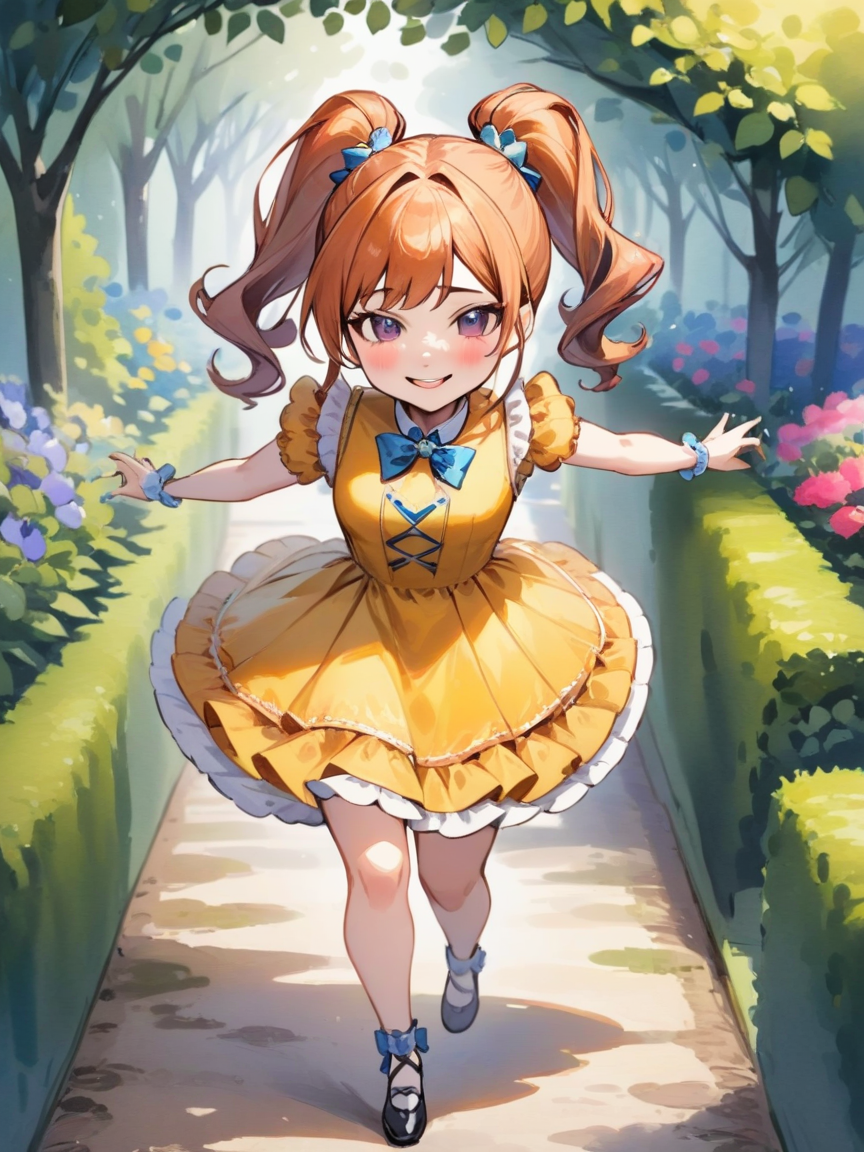 Watercolor painting beautiful idol girl with wearing an idol dress, <lora:xl_idol_dress-2.0:0.8>, skipping along a garden path, cheeky smile, long (ponytail) . Vibrant, beautiful, painterly, detailed, textural, artistic