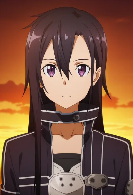masterpiece, best quality, , anime screencap, anime coloring, official style, , 1boy, solo, male focus, <lora:kazuto_kirigaya_ilxl:0.96>, kazuto_kirigaya_ggo, black hair, purple eyes, hair between eyes, long hair, androgynous, sao-ggo, kirito \(sao-ggo\), ,