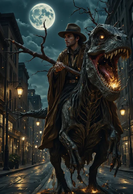 UHD 32k fantasy movie, photography, mesmerizing HDR highly detailed digital art, full-body portrait of 30-year old Caucasian male urban wizard brunette Harry Dresden wearing a brown cowboy hat a long brown leather duster coat and carrying a long gnarled tree branch staff riding on the back of a 20-foot tall undead T-Rex skeleton with a long tail, Chicago street background, night, city lights, full moon, Cinematic style, Beauty, Realism, Photorealism, Chiaroscuro, High quality, digital illustration, high action pose, perfect pupils, insanely detailed faces, correct digits, realistic skin, intricately detailed, film grain, HD, 8k, perfect eyes, perfect pupils, expressive eyes, f4nt4st1c  , Cinematic style, Beauty, Realism, Photorealism, Chiaroscuro, High quality