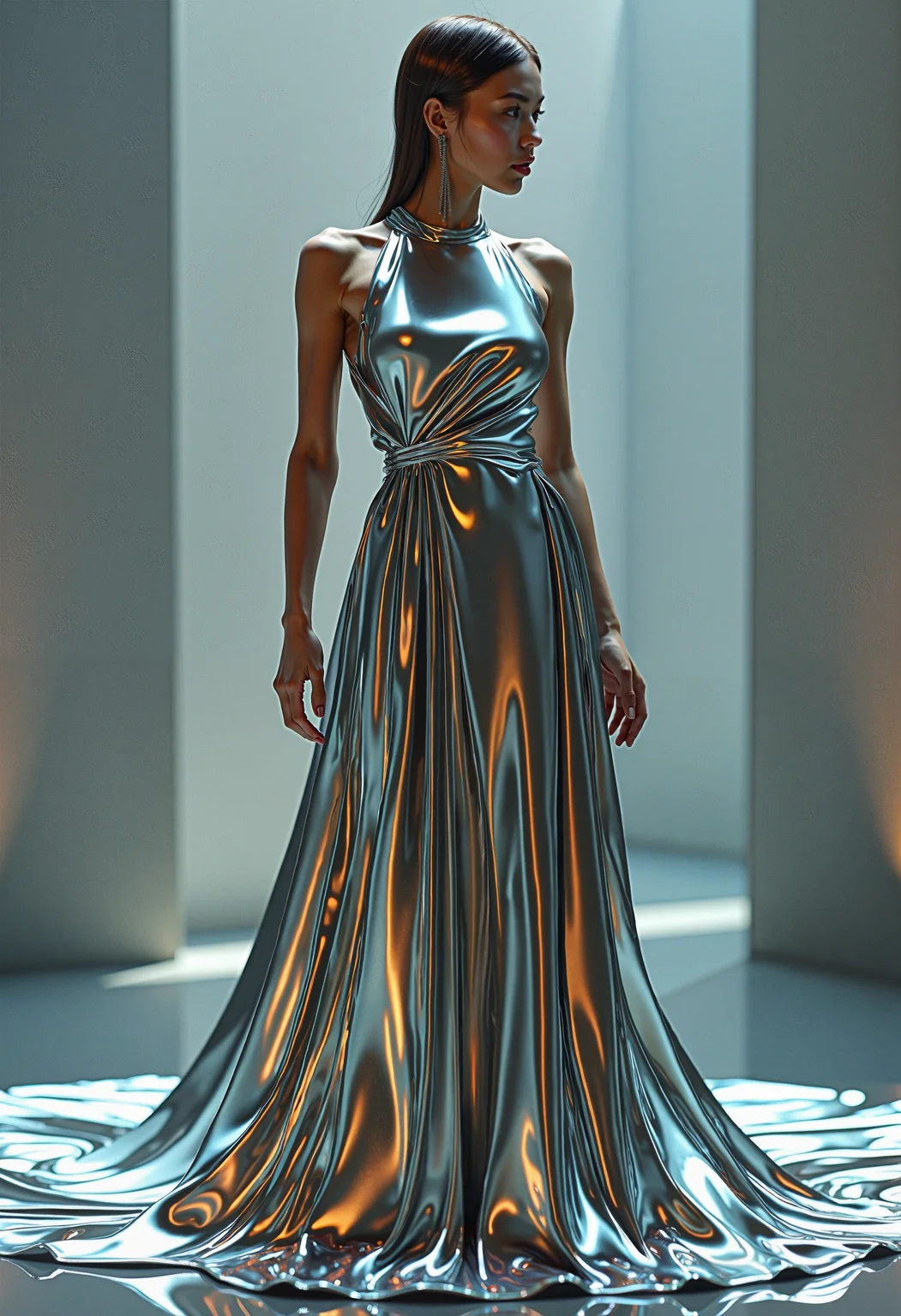 A woman in a dress made of liquid metal, fashion illustration, by Zaha Hadid, futuristic design, flowing iridescent fabric ð, <lora:models\Flux\DarkCore-000003:0.65>,, <lora:models\Flux\FLUX.1-Turbo-Alpha>,