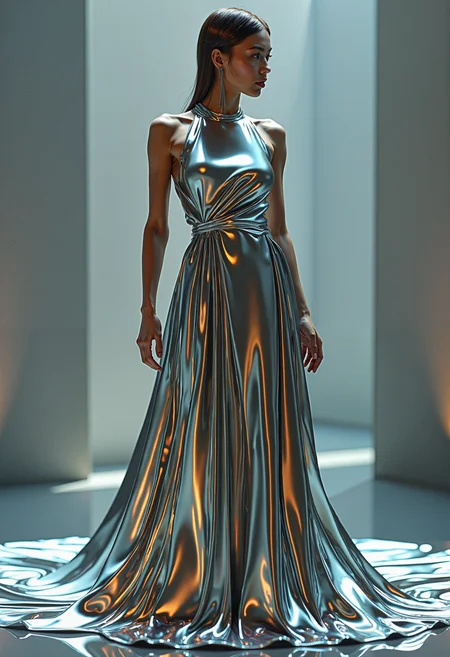 A woman in a dress made of liquid metal, fashion illustration, by Zaha Hadid, futuristic design, flowing iridescent fabric ð, <lora:models\Flux\DarkCore-000003:0.65>,, <lora:models\Flux\FLUX.1-Turbo-Alpha>,