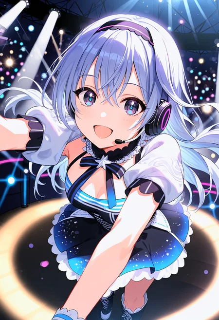 h_suzuki, score_9, best quality,
1girl, solo, long hair, smile, hairband, bangs, open mouth, blue hair, purple hair, white hair, hair between eyes, blue eyes
glowstick, lights, bare arms, multicolored dress, boots, concert, detached sleeves, dress, idol, idol clothes, indoors, posing on stage, puffy detached sleeves, puffy short sleeves, puffy sleeves, short sleeves, solo focus, spotlight, idol concert, looking at viewer, headset, colorfull stage, stage lights, pillar, neon
<lora:h_suzukiXL_pony:1>