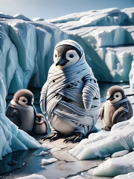 A penguin chick nestled amongst other ais-bndgs penguin chicks <lora:ais-bndgs-sdxl:1>