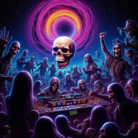 horror-themed psychedelic style concept art Dark Fantasy Art, <lora:Undead Apocalypse v1:1> und34dpsy, a zero-gravity rave happening inside a spinning wormhole, hosted by interdimensional deadites wearing chrome robes. The DJ is a floating skull in a jar. Attendees include psychedelic skeletons, zombie astronauts, and mutated alien groupies. Colors bend and smear, everything floats, and beat drops cause physical ripples in space. Scene loops seamlessly with animated space dust and twitchy camera pans., dark, moody, dark fantasy style . digital artwork, illustrative, painterly, matte painting, highly detailed . vibrant colors, swirling patterns, abstract forms, surreal, trippy . eerie, unsettling, dark, spooky, suspenseful, grim, highly detailed
