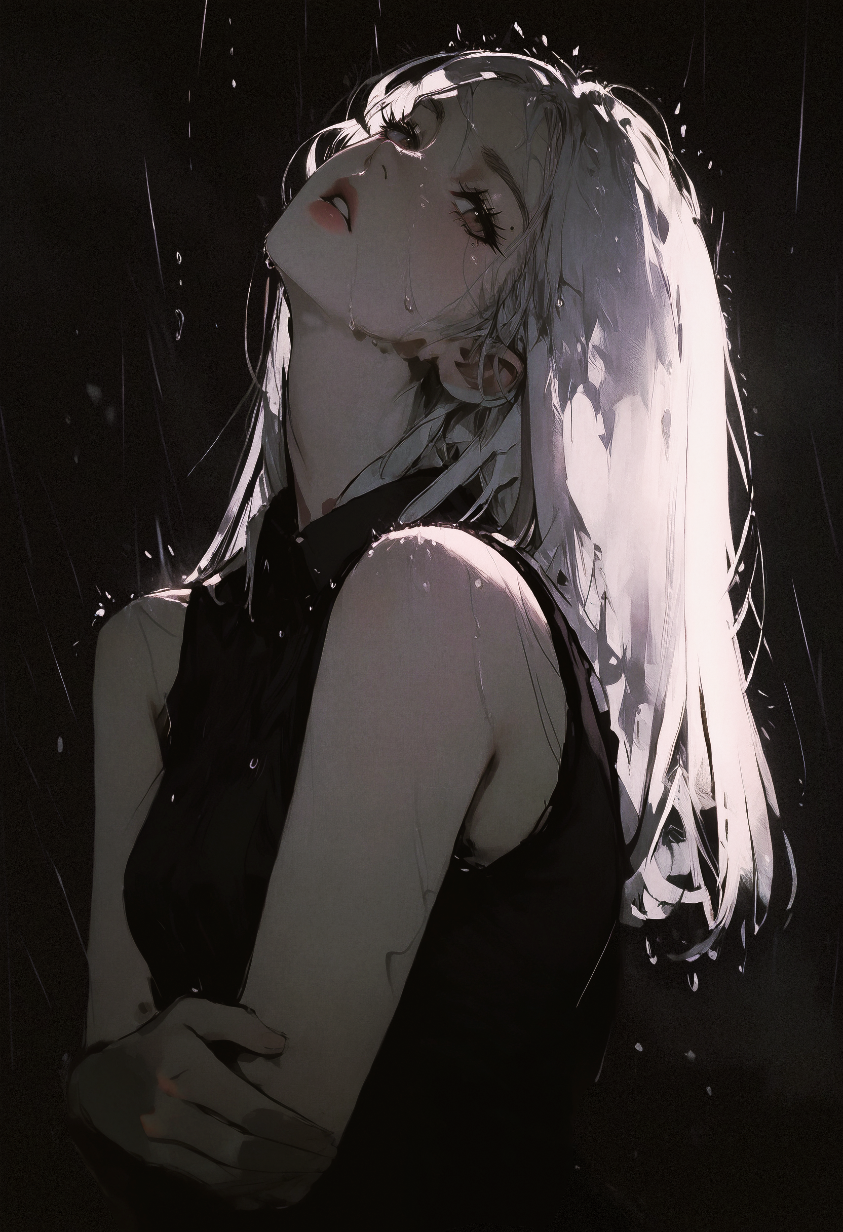masterpiece, very awa, amazing quality, best quality, newest, highres, absurdres, 1girl, solo, white hair, long hair, straight hair, half close eyes, black eyeliner, long eyelashes, parted lips, collared shirt, sleeveless shirt, bare shoulders, head back, head tilt, sideways glance, looking at viewer, from side, upper body, self hug, dark background, rain, wet, water drop, GTHAN, <lora:NOOB_vp1_detailer_by_volnovik_v1:0.3> <lora:ponyv6_noobV1_2_adamW-000017:0.3> <lora:illustriousXL_stabilizer_v1.23:0.3> <lora:GTHAN-IL:1> <lora:MelancholyAnime:0.5> <lora:96YOTTEA-WAI:0.5> <lora:shiej007:0.2> <lora:KonyaKarasue-000008:0.4>