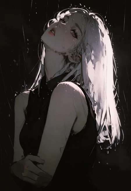 masterpiece, very awa, amazing quality, best quality, newest, highres, absurdres, 1girl, solo, white hair, long hair, straight hair, half close eyes, black eyeliner, long eyelashes, parted lips, collared shirt, sleeveless shirt, bare shoulders, head back, head tilt, sideways glance, looking at viewer, from side, upper body, self hug, dark background, rain, wet, water drop, GTHAN, <lora:NOOB_vp1_detailer_by_volnovik_v1:0.3> <lora:ponyv6_noobV1_2_adamW-000017:0.3> <lora:illustriousXL_stabilizer_v1.23:0.3> <lora:GTHAN-IL:1> <lora:MelancholyAnime:0.5> <lora:96YOTTEA-WAI:0.5> <lora:shiej007:0.2> <lora:KonyaKarasue-000008:0.4>