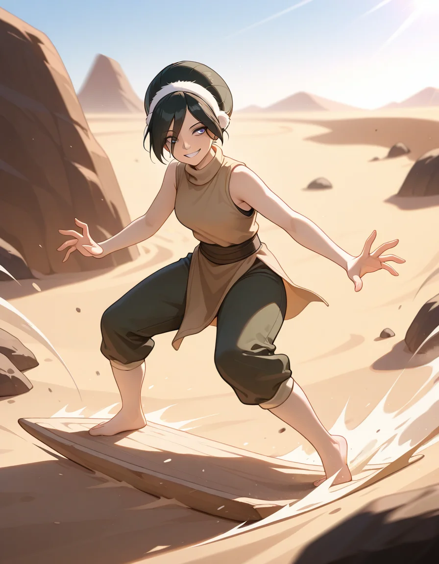 anime, masterpiece, best quality, detailed background, 8k, detailed face, beautiful eyes mature,
4V4T4R, Toph (Avatar), Earth bending, sand surfing, desert, rock, motion blur, dust, smile, teeth, sideview, from the side, sunny, sunshine, great lighting,