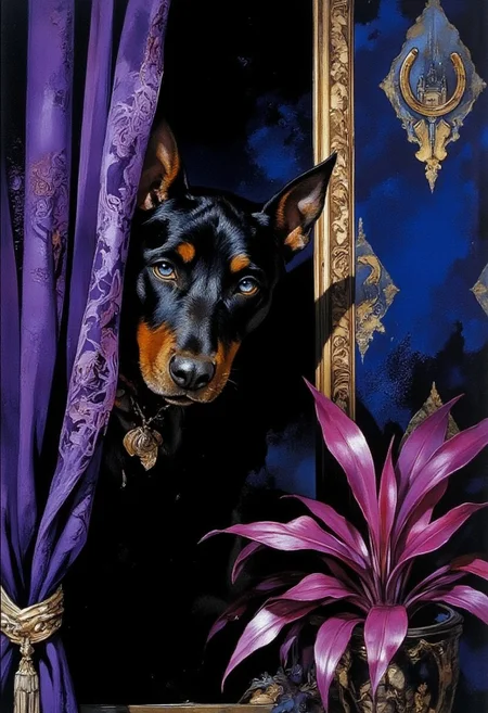 This digital sydme1 painting features a sleek, black Doberman with piercing blue eyes, peering out from behind a partially drawn purple curtain. The Doberman’s pointed ears stand tall, and its glossy fur reflects the light, adding depth and realism to its intense gaze. The background consists of a rich, surreal color palette, with deep, royal blue wallpaper adorned with a golden diamond pattern. The diamond motifs are intricately designed, featuring a mystical castle and a horseshoe in shades of gold and silver, creating an air of mystery and elegance. The purple curtain contrasts sharply with the bold, surreal hues of the wallpaper, enhancing the dramatic atmosphere. To the right of the Doberman, a plant with long, slender leaves in an unexpected, vibrant magenta color adds an element of the fantastical to the scene. The overall style is highly detailed, with a focus on realistic textures, lighting, and dramatic shadows. The image exudes an air of sophistication and suspense, with the Doberman’s intense gaze heightening the sense of intrigue. The lighting casts a soft glow on the dog’s sleek fur and the intricate curtain texture, creating a visually striking composition. (ArsMJStyle, Etherial Gothic)