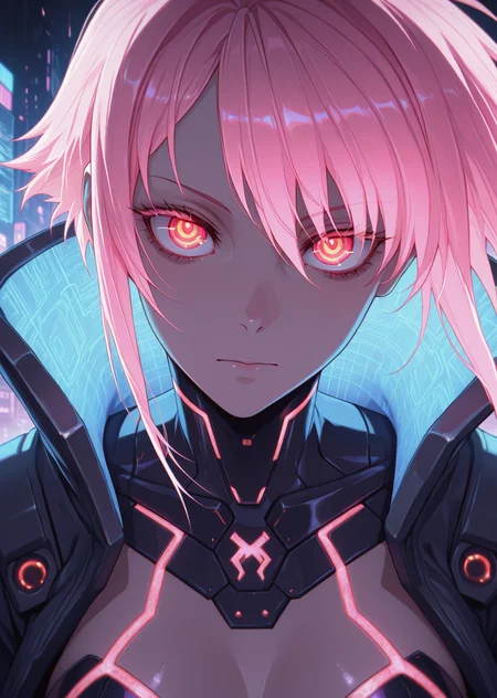 masterpiece, best quality, amazing quality, very aesthetic,
1girl, solo, cyberpunk, sci-fi aesthetic, futuristic outfit, close-up, intense lighting, glowing anime eyes, neon irises, digital reflections, holographic patterns, cybernetic pupils, ultra-sharp focus, dramatic contrast, electronic circuit highlights, deep stare, synthetic eyelashes, high-tech cyber implants, moody atmosphere, neon pink and blue, edgy and mysterious, high-definition detail, digital painting, atmospheric fog, vaporwave aesthetic, sci-fi cityscape background, anime-inspired cyberpunk art
,<lora:eye_focus_illus:1>,