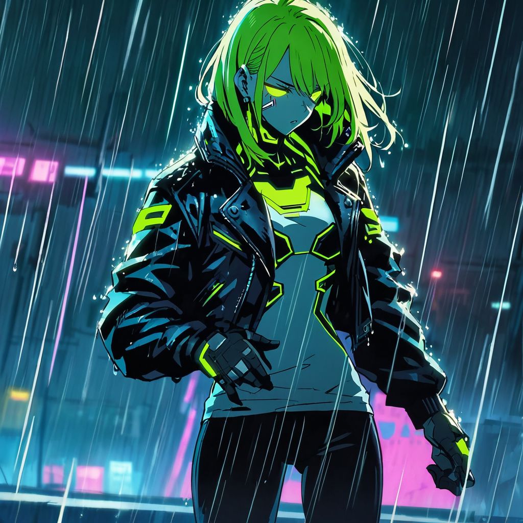 (best quality:0.8) perfect anime illustration, a women, leather jacket, (rain:1.3), (cyberpunk:1.2), (neon:1.1)