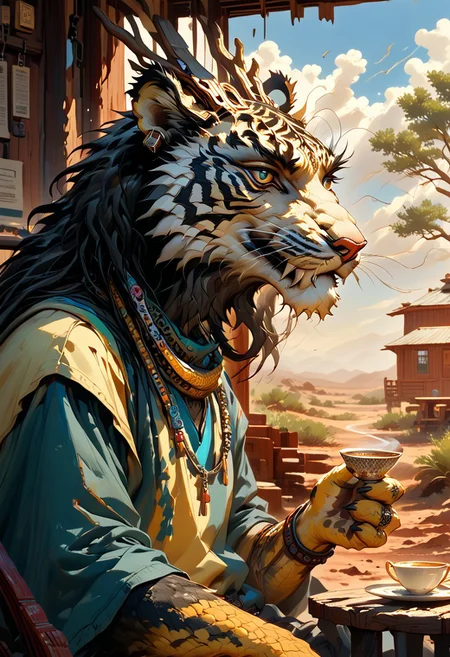 solo, Xerneas, sinozick style, alien humanoid, qinglong, dragon, tiger, peregrine falcon, amazigh tattoo, berber tattoo, moose, man, longxiang style, m0nst3r, tig, chinese dragon, long muzzle, big fangs, orange and black fur, green scales, jade patterened scales, scaly arms, male_tiger, emerald tree boa, anthro, furry male, sitting in rocking chair, drinking tea, teacup, table, curious smile, holding binoculars, teal tank top, light gray shorts, jewelry, bracelets, rings, BREAK,
New Mexico desert, southwestern desert, desert, rock, weed, scattered trees, thunderstorm, day, sunlight through clouds, thunderclouds in background, BREAK,
cabin, adobe cabin, mud bricks, windows, wooden beams, lumber, mud walls, adobe, garden, door, open door, small electric lightbulb
