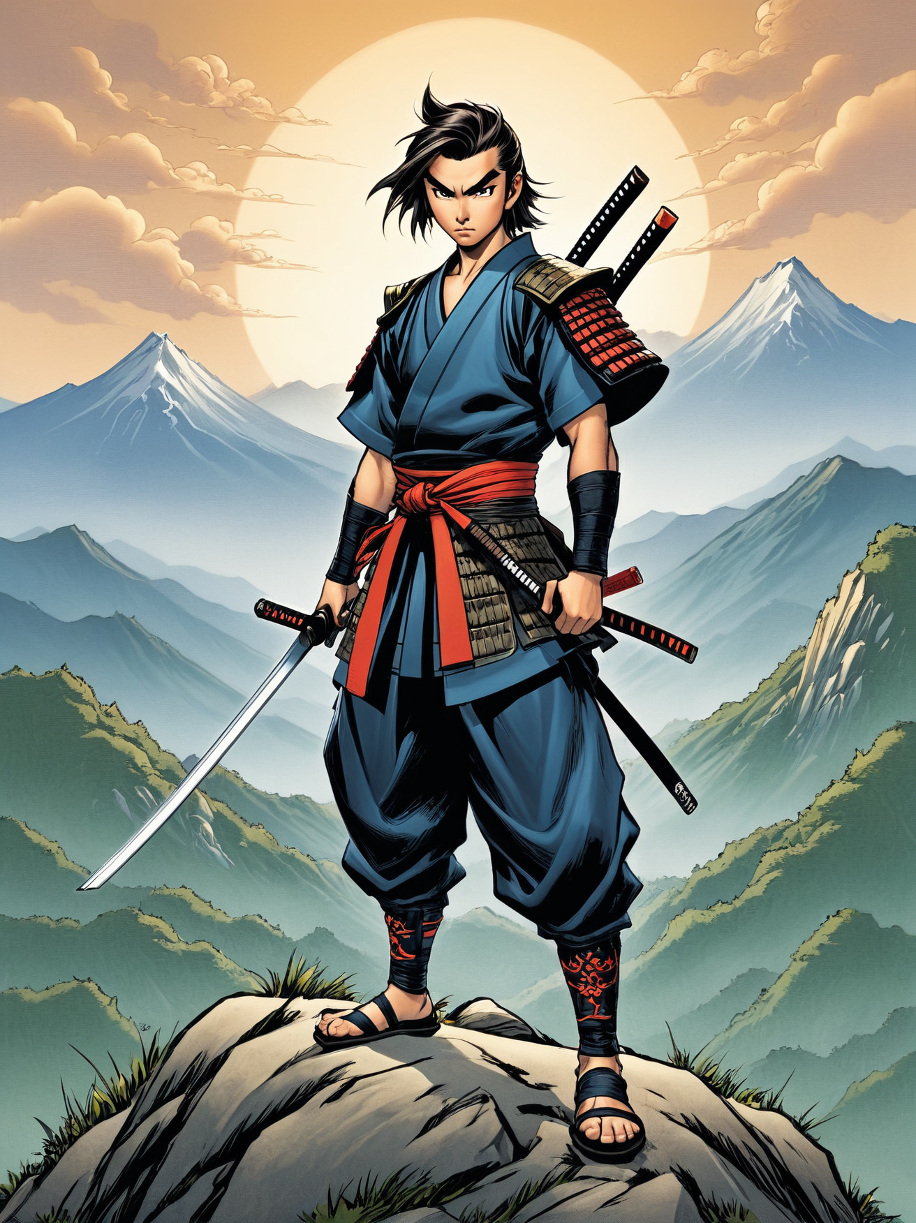 1boy, Samurai ready for battle standing on a mountain hill, J Scott Campbell style, <lora:JSC_Style:1>