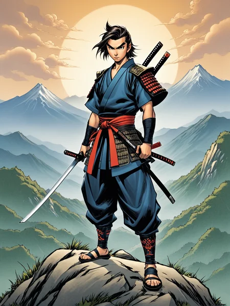 1boy, Samurai ready for battle standing on a mountain hill, J Scott Campbell style, <lora:JSC_Style:1>