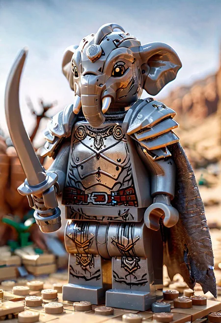 Close up shot of a elephant Lego warrior, wearing torned linen clothes and a shiny armor beneath, desert background, Lknight, HD, masterpiece, best quality, hyper detailed, ultra detailed, super realistic