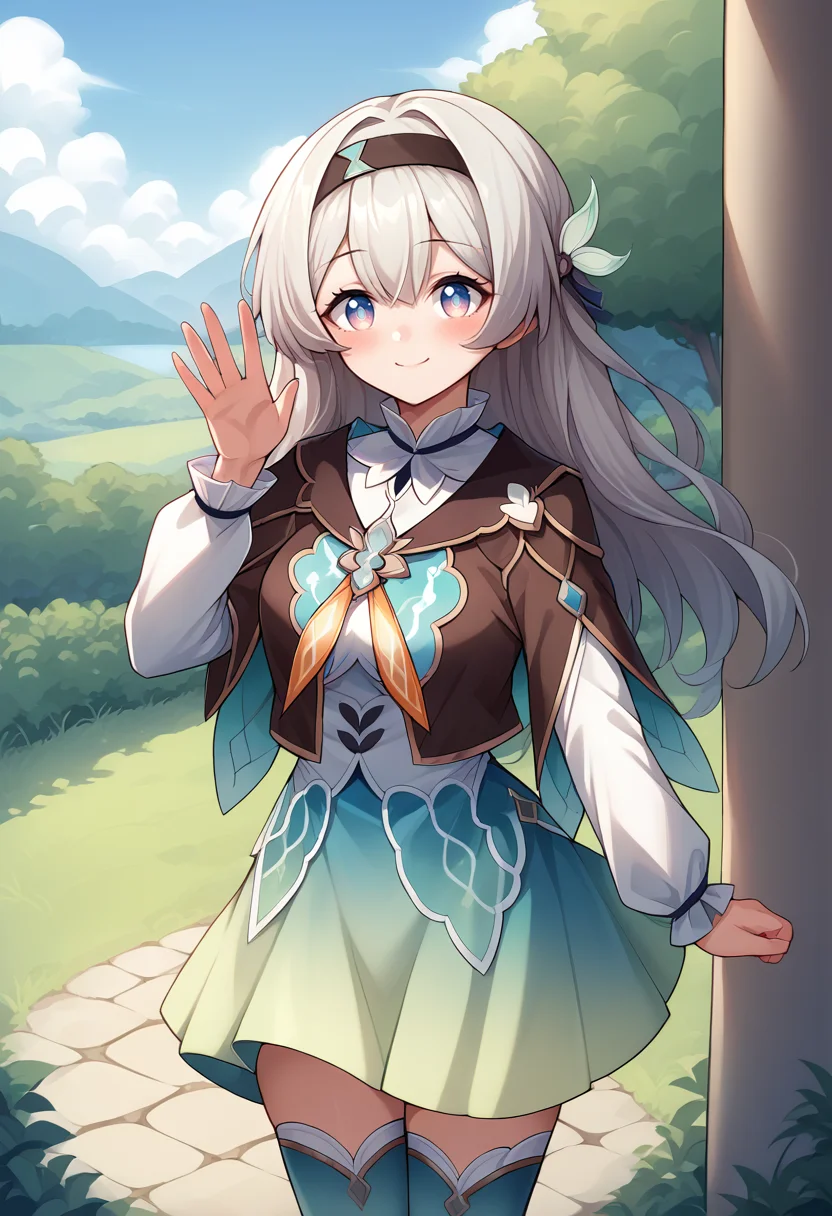 score_9, score_8_up, source_anime, 1girl, solo, FireflyDefault, blue pupils, long hair, black hairband, hair ornament, brown capelet, frilled collar, white shirt, long white sleeves, green skirt, gradient thighhighs, smile, outdoors, blush, waving at viewer, <lora:ChamFireflyV2PonyXL:1>