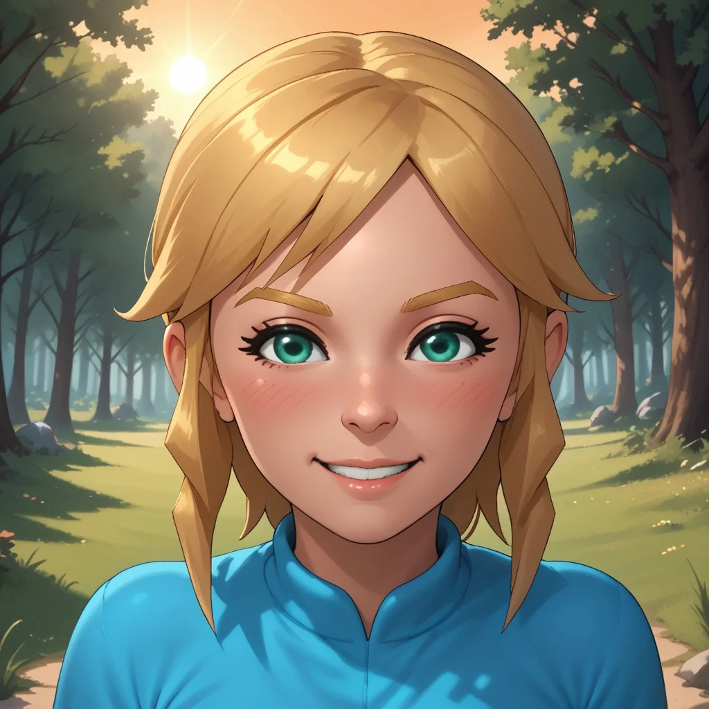 score_9, score_8, BREAK, solo, wii, mii, wii sports, 1girl, female mii, green eyes, blonde hair, blonde eyebrows, blush, cyan clothing, white pants, shoes, nintendo mii, modern_mii, classic_mii, breasts, olga_(wii_sports), cute, sexy pose, self portrait, smile, outdoors, sunlight, shadows, evening lighting, natural lighting, forest, trees, grass, orange sky, sunset