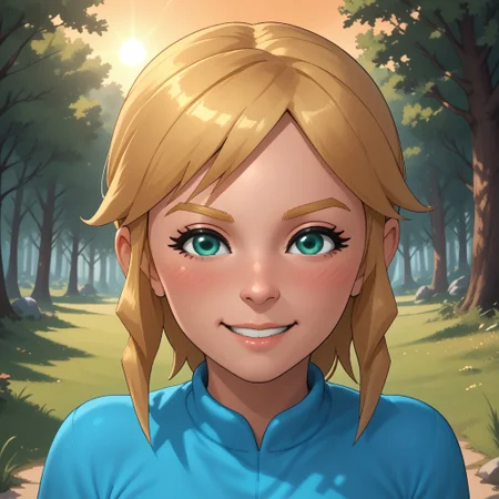 score_9, score_8, BREAK, solo, wii, mii, wii sports, 1girl, female mii, green eyes, blonde hair, blonde eyebrows, blush, cyan clothing, white pants, shoes, nintendo mii, modern_mii, classic_mii, breasts, olga_(wii_sports), cute, sexy pose, self portrait, smile, outdoors, sunlight, shadows, evening lighting, natural lighting, forest, trees, grass, orange sky, sunset