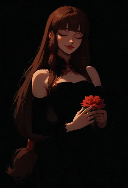 safe_pos, (Blend_in, black background), score_9, score_8_up, score_7_up, masterpiece, (high contrast, sidelightning, cowboy shot), mature, stunning, 1girl, solo, imtdlilaross, long hair, low-tied long hair, blunt bangs, brown hair, hair tubes, matte red lips, black china dress, halter neck, (cleavage cutout:0.8), bare shoulders, black fingerless elbow gloves, (black clothes:1.5), smile, rose (flower), holding flower, hand up, smelling flower, closed eyes