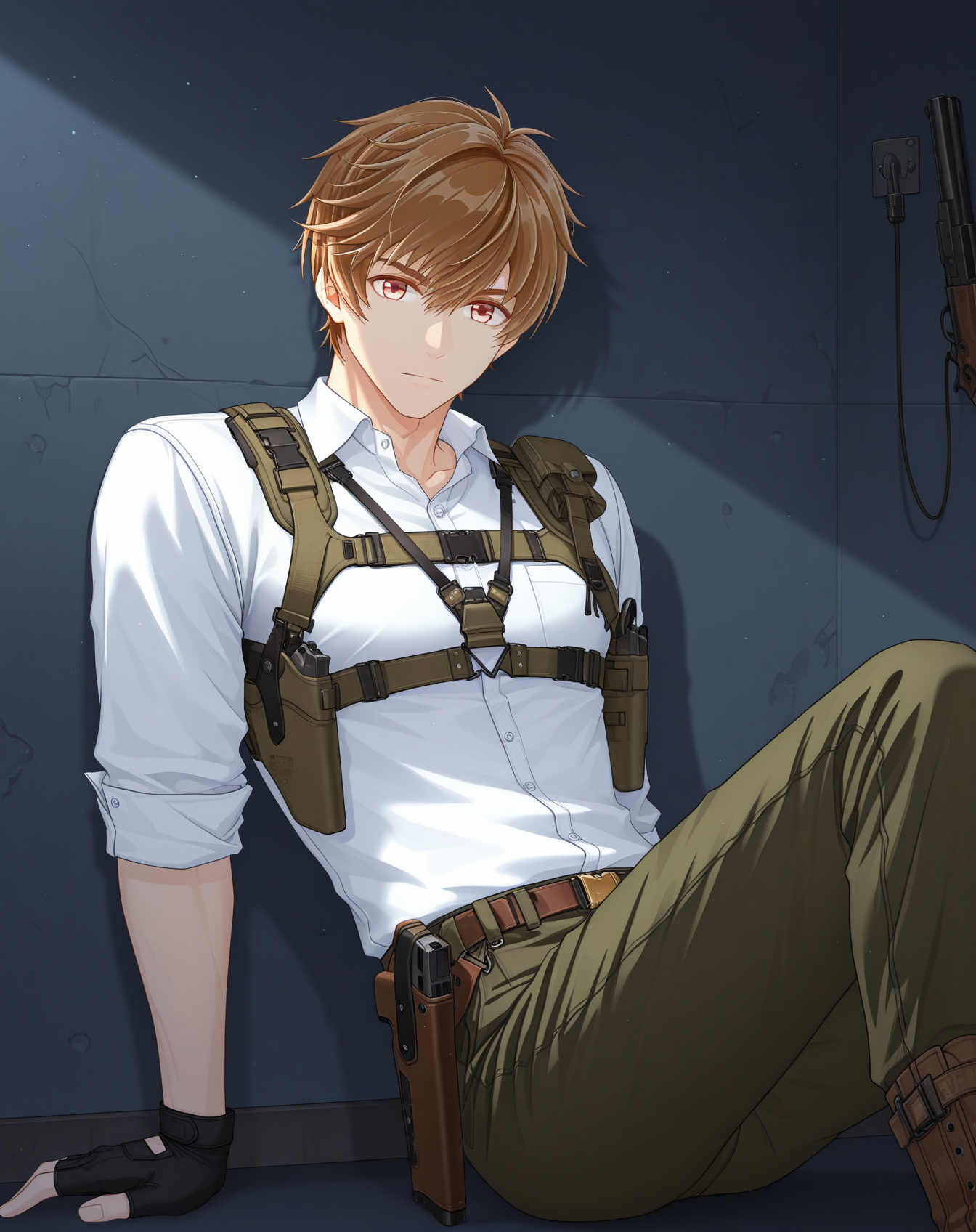 masterpiece, best quality, absurdres, very aesthetic, original style, 
1boy, solo, yaoi, male focus,looking at viewer, 
<lora:Luke_Pearce_ilxl:1> lukepearce, brown hair, hazel eyes, short hair, 
white shirt, polo shirt, green pants, black gloves, shoulder holster, boots, closed mouth, brown footwear,belt,collared shirt, black pants, single glove, sleeves rolled up, fingerless gloves, long sleeves, harness, brown pants,
indoors,  weapon, gun,  handgun, holstered, on floor, sitting, on back, on wall,