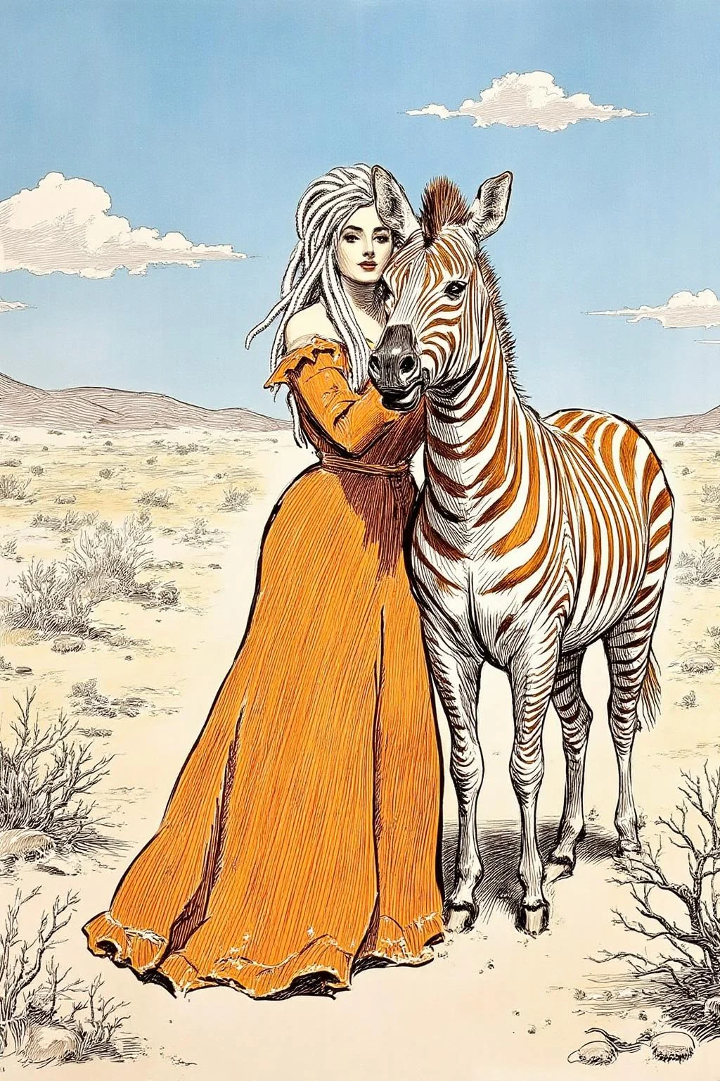 charlesdgibson1 color illustration.
a striking juxtaposition of a woman and a zebra against a vast, arid landscape under a bright, sunny sky. The woman, with long, flowing dreadlocks dyed in a gradient from white to a vibrant orange, is dressed in an off-shoulder, long-sleeved, orange dress made of a textured fabric that appears to be a blend of cotton and silk. The dress has a ruffled hem and intricate embroidery along the neckline and sleeves. She is leaning affectionately against the zebra, which has striking white and orange stripes, creating a harmonious blend of colors. The zebra's mane is also dyed orange, matching the woman's hair. The woman's skin tone is light, and her eyes are accentuated with subtle makeup, giving her a natural yet striking appearance. The background consists of a vast, sunlit landscape with dry, sandy terrain and sparse vegetation, indicating a desert environment. The sky is mostly clear with a few scattered clouds, suggesting a bright, clear day. <lora:charlesdgibson1_cap_d8a4:1.0><lora:840185771924222024:0>