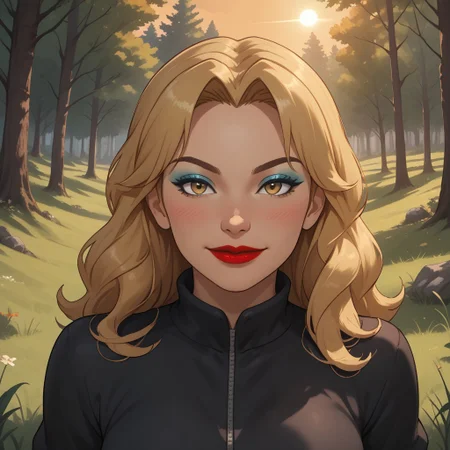 score_9, score_8, BREAK, solo, wii, mii, wii sports, 1girl, female mii, cute, attractive, blonde hair, brown eyebrows, dark yellow eyes, makeup, blush, blue eyeshadow, red lips, lipstick, black clothing, white pants, shoes, breasts, nintendo mii, modern_mii, classic_mii, Nanny_(OC_Mii), sexy pose, self portrait, smile, outdoors, sunlight, shadows, evening lighting, natural lighting, forest, trees, grass, orange sky, sunset