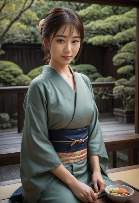 From frontal below :1.3,(dark background:1.3),(sitting behind wood table:1.631),(restaurant at ryokan:1.2),(Japanese tea cups and ((sukiyaki ))on table:1.63),((sukiyaki :1.5)),(beautiful real texture :1),smile face:1,(royal),10k,(real skin texture:1),high resolution,(one 32 years old elegant Japanese woman wearing in jyuban and colored long kimono:1.2), (looking at garden :1.4),exquisite face:1,(163cm tall:1),(fine wrinkle :1.),(detailed innocent girls face:1.), NegfeetV2,(dazzling face:1.4),(small single chignon:1), ((one side )breast out:1.4)