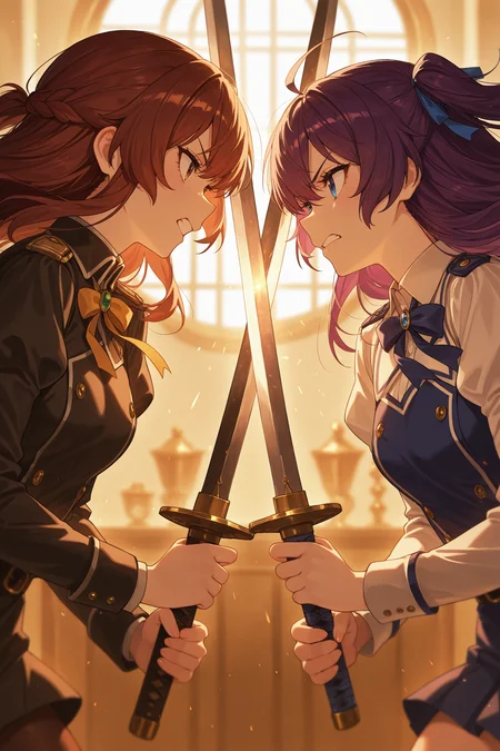 masterpiece, best quality, absurdres, safe
2girls, sword clash, holding sword
<lora:sword_clash_il_2_v4_d16_final:1>