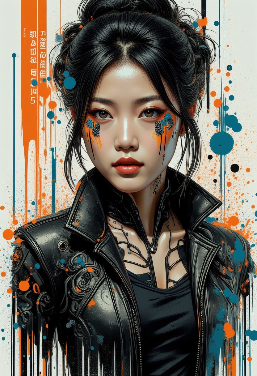 stunning korean woman, east face, black leather jacket unzipped, mad-cbrpnksplshrt, splash art,
