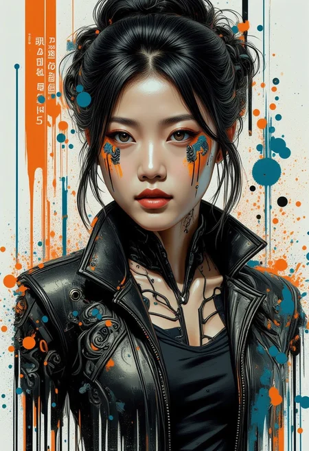 stunning korean woman, east face, black leather jacket unzipped, mad-cbrpnksplshrt, splash art,
