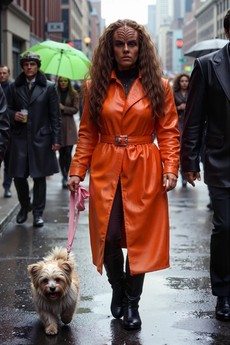 A hyper-realistic portrait, photorealistic photo close-up image of  A Klingon woman in a brightly colored raincoat is walking a tiny dog down a city street, her face showing an unusual mix of patience and confusion. The dog, a fluffy little creature on a pink leash, trots happily at her side while she looks slightly bewildered by the entire situation. Pedestrians around her stroll casually, some holding umbrellas, as the city is covered in a light drizzle. The Klingon woman's powerful stance and battle-hardened features are hilariously out of place in this mundane scenario, as she holds the leash with the same determination one would use to lead an army into war. (photography, high-resolution, dynamic, energetic,hyper-realistic, dramatic lighting, shallow depth of field.)<lora:aidmaMJ6.1-FLUX-V0.1:0.6><lora:Movie_Portrait><lora:Flux DetailerV2><lora:klingon_FLUX:1.1>