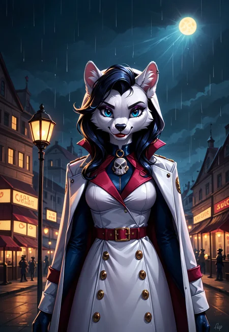 safe_pos, safe_pos, safe_pos, score_9, score_8_up, score_7_up, score_6_up, photorealistic, epiCPhotoGasm-colorfulPhoto, Realistic, highres, super high resolution, 8k, photo, furry, anthro, female,
In a rain-soaked city, a lone detective steps into the glow of a flickering streetlamp, her trench coat trailing behind her like a cloak of shadows. Her jet-black hair falls in sharp waves, framing her face, where a hint of crimson lipstick contrasts starkly against her pale complexion. Her dark, tailored suit is accented with subtle gothic flourishes—a lace cravat and silver skull cufflinks. In her gloved hand, she holds a cigarette, its faint ember glowing in the misty night, while the other grips a sleek revolver engraved with cryptic symbols. Her sharp, calculating gaze misses no detail as she stalks the rain-slicked streets, following clues that lead to secrets no one else dares uncover. A faint chill seems to follow her, as if the shadows themselves are her allies.furry, anthro