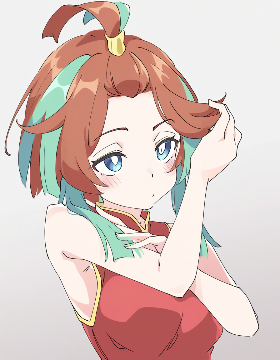 ixy,white background,(china dress:1.2),red dress,dot mouth,
<lora:andi_noob:0.8>,andi,1girl,solo,multicolored hair,streaked hair,aqua hair,two-tone hair,sidelocks,brown hair,short hair,blue eyes,topknot,
masterpiece,best quality,very aesthetic,absurdres,adjusting hair,