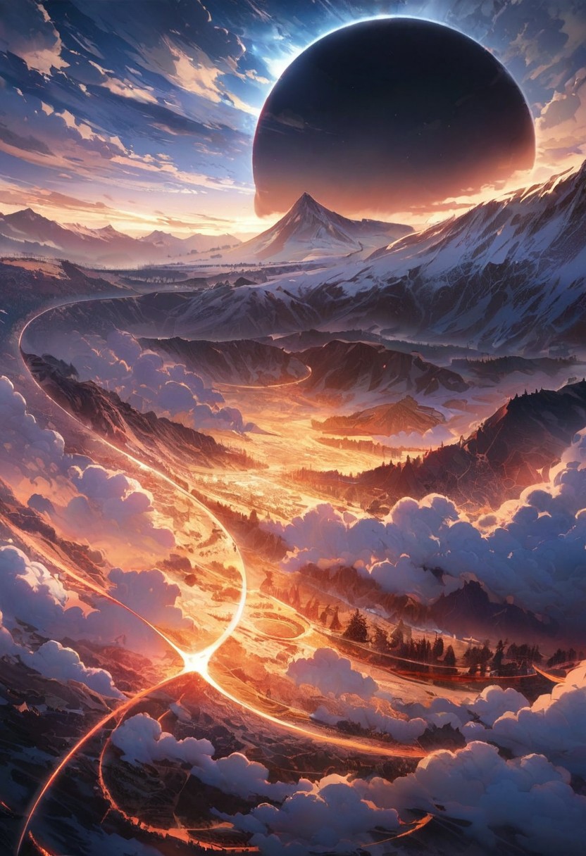 A haven for Earth, detailed landscape, captivating, fantastic, great lighting, Nature, grasslands, mountain, Annular Solar Eclipse, Caldera eruption,( from above),  double exposure, beautiful view, mysterious glow, beautiful clouds, depth of field, masterpiece, best quality, 8k, ultra-detailed, very aesthetic, illustration, superb composition, finest details, , intricate details, absurdres, high contrast, RAW, concept art,