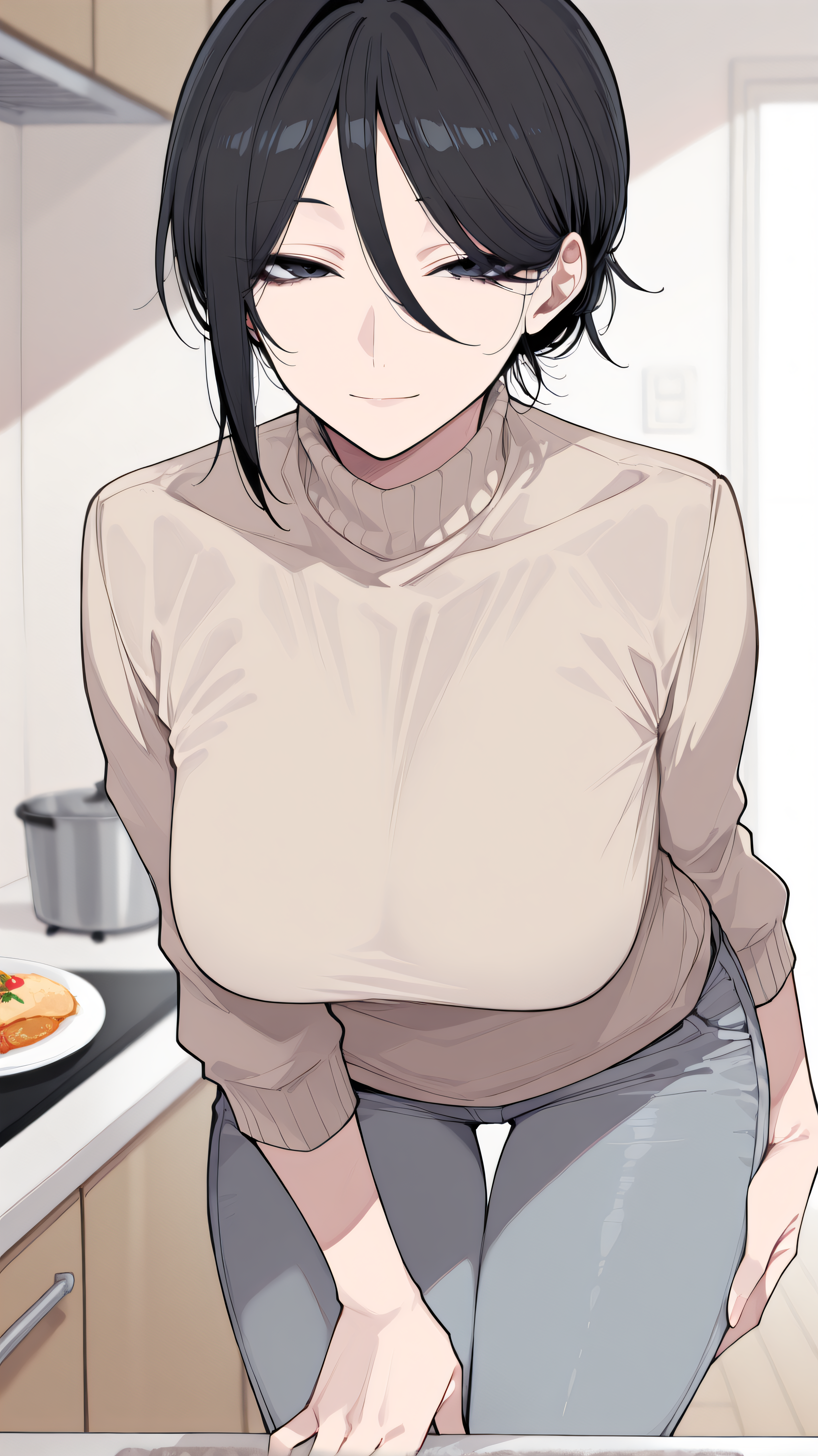1girl, solo,beautiful detailed eyes, single hair bun, hair bun, short hair,  hair between eyes,black hair,black eyes, looking at viewer,,(medium breasts),




kitchen, indoors, leaning forward, hand on own thigh, beige sweater, turtleneck sweater, jeans, food, looking at viewer, thigh gap, light smile, closed mouth

















masterpiece,best quality,amazing quality,highres, 



