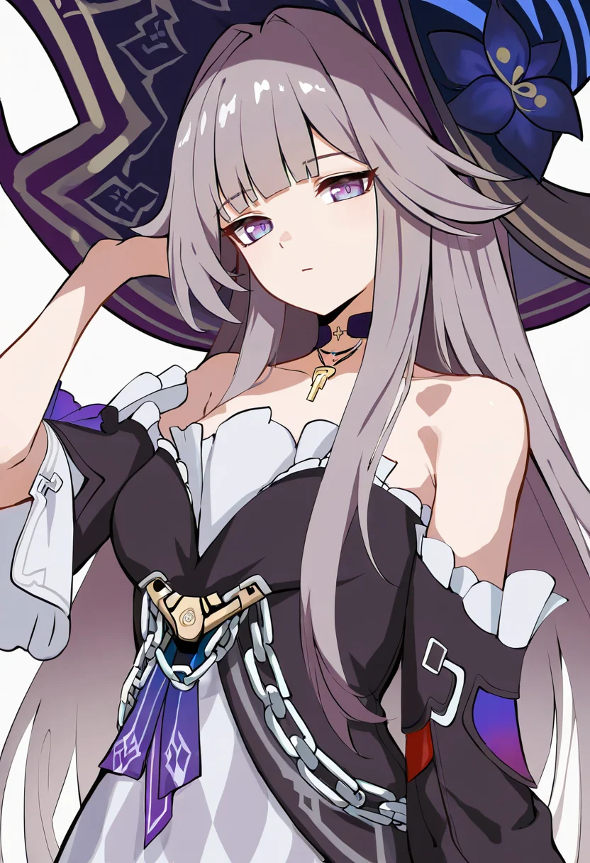masterpiece, best quality, very aesthetic, highres, absurdres,(miurahha, bacius, ririko \(fhnngririko\):0.4),<lora:star_rail_all:1> 1girl, bare shoulders, black choker, black dress, black hat, detached sleeves, grey hair, herta (honkai: star rail), herta (unknowable domain) (honkai: star rail), looking at viewer, official alternate costume, purple eyes, solo, strapless dress, upper body, very long hair, white ascot, witch hat