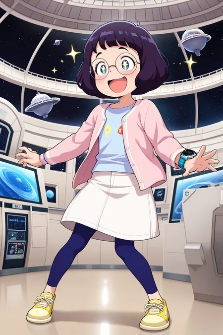 masterpiece, best quality, amazing quality, absurdres, misorainaho, short hair, glasses, round eyewear, solo, smile, open mouth, excited, sparkling eyes, sparkle, light blue shirt, pink cardigan, wristwatch, white skirt, blue leggings, yellow sneakers, indoors, planetarium, spacesuit, museum, rocket ship