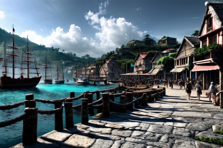 (masterpiece:1.2), (best quality,:1.2), 8k, HDR, ultra detailed, ((photorealistic)), perfect anatomy, professional light, cinematic lighting, fashion photography, ambient lighting, pire, ships, pier, outside a tavern over looking a busy harbor in the caribbean, noon