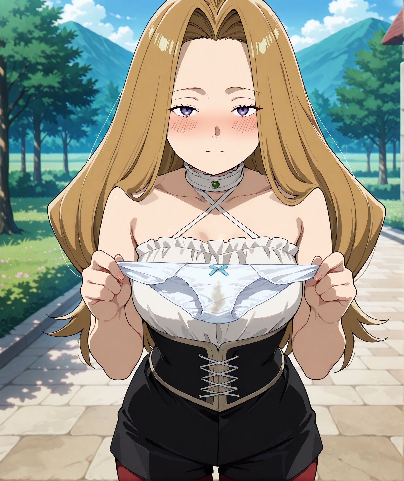 <lora:add-detail-xl:0.5>,,masterpiece, best quality, newest, absurdres, highres, detailed eyes, beautiful, detailed background, perfect eyes, anime coloring, anime screencap,
<lora:Holding_panties:0.5>Holding_pantiesV1,
1girl,panties,holding panties,blush,closed mouth, 
solo,holding,blush, looking at viewer, panties stains, 
(holding panties with both hands),no panties,
panties on two hands, hands up,
<lora:Frieren_Methode:1>,
outdoors, methode, light brown hair, purple eyes, long hair, parted bangs, forehead, sleeveless, criss-cross halter, white shirt, corset, underbust, cross-laced corset, cross-laced clothes, black shorts, red pantyhose, 
methode \(sousou no frieren\), 
sousou no frieren, official art, 
20YO, milf,adult,