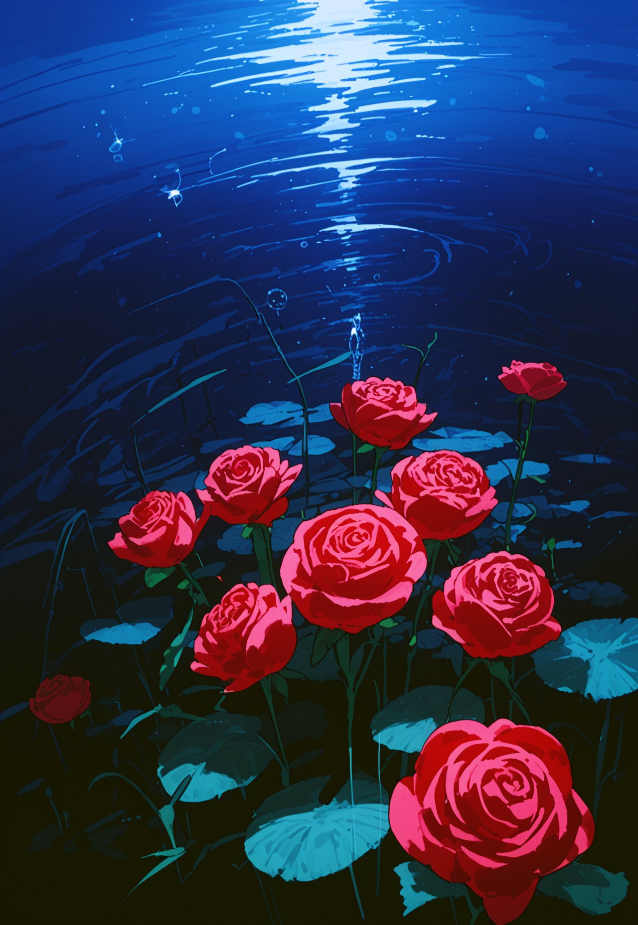 score_9, score_8_up, score_7_up, source_anime, rating_safe, no humans,
water droplet shape, colored outline, bokeh, colors, swirling colors, a rose, transparent water, silhouette